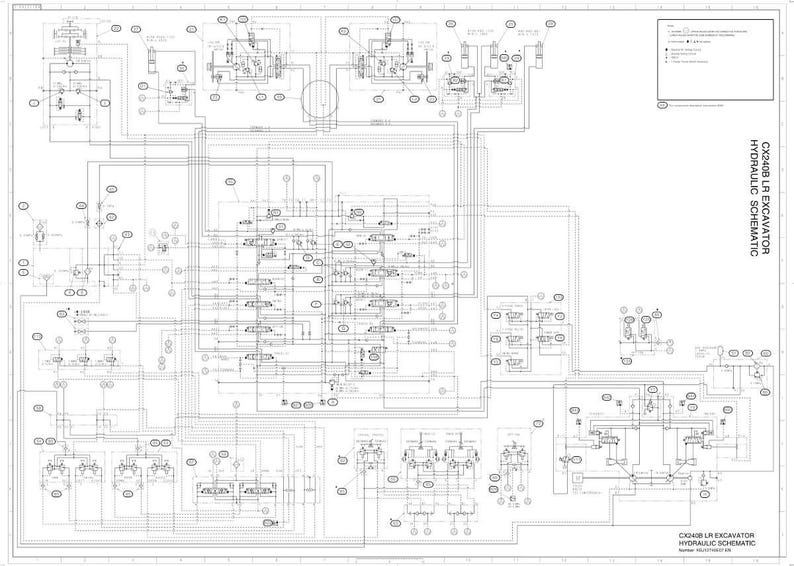 May include: A detailed engineering schematic for a CX2408 LR excavator's hydraulic system. The diagram is rendered in black and white, featuring numerous lines, circles, and symbols, with text indicating the system's components and functions.