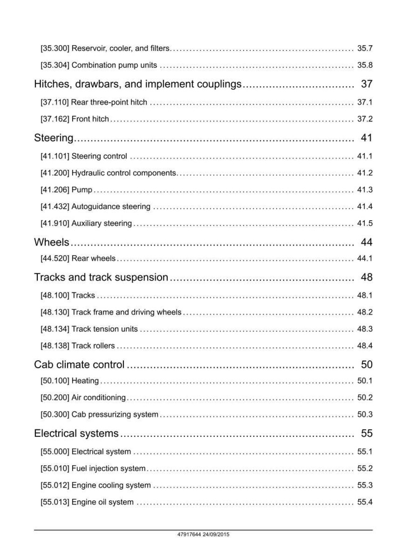 May include: A technical document with a table of contents, covering topics such as hitches, steering, wheels, tracks, cab climate control, and electrical systems. Dated 24th September 2015.