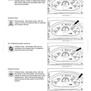May include: Diagram of a control panel with gauges and warning lights. The panel includes indicators for air filter restriction, hydraulic filter, air conditioning system pressure, and engine pre-heat. The brand name "CASE" is visible.