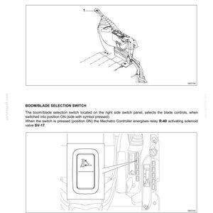 May include: A technical diagram showing a boom/blade selection button on a control lever and a boom/blade selection switch on a panel. The text includes BLADE CONTROL, E135B, BOOM/BLADE SELECTION BUTTON, and BOOM/BLADE SELECTION SWITCH with descriptions.