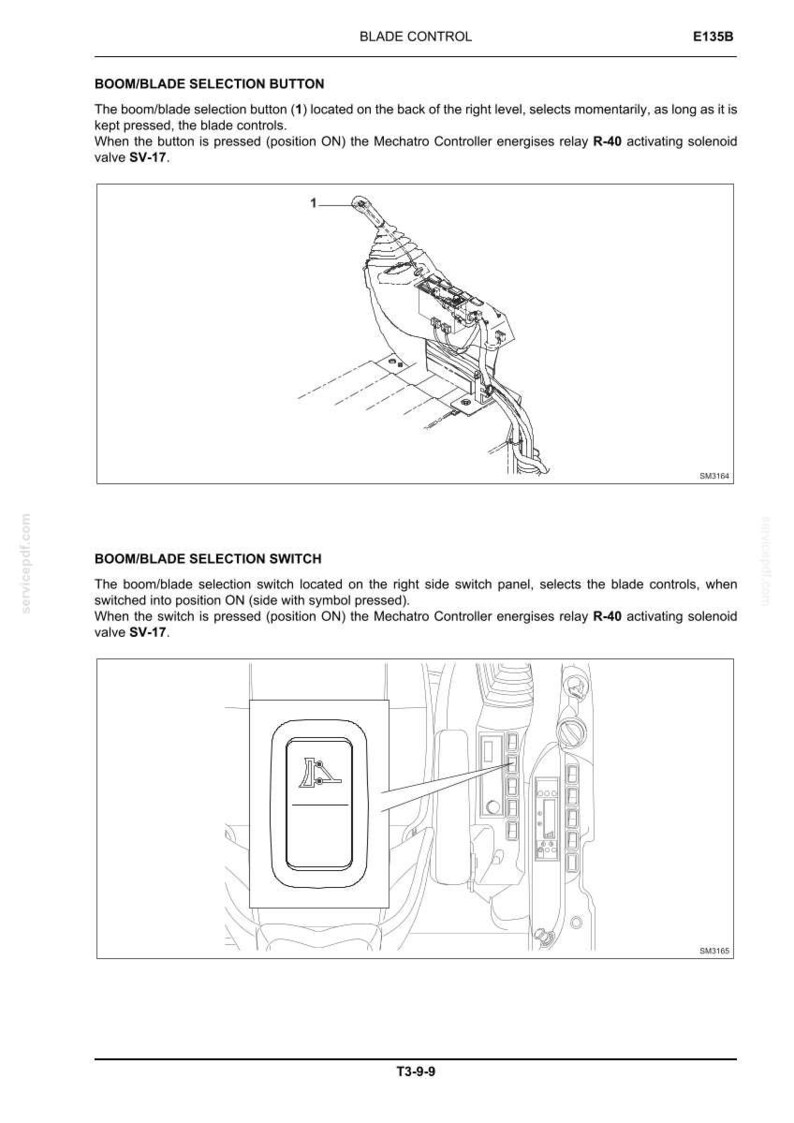 May include: A technical diagram showing a boom/blade selection button on a control lever and a boom/blade selection switch on a panel. The text includes BLADE CONTROL, E135B, BOOM/BLADE SELECTION BUTTON, and BOOM/BLADE SELECTION SWITCH with descriptions.