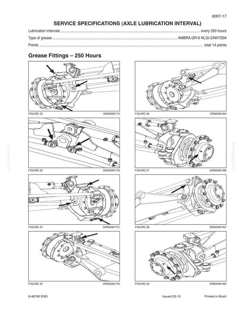 May include: Technical diagram with service specifications for axle lubrication intervals. The document includes diagrams of grease fittings, with labels and arrows pointing to specific components. Text includes "Grease Fittings - 250 Hours" and "Issued 03-12".