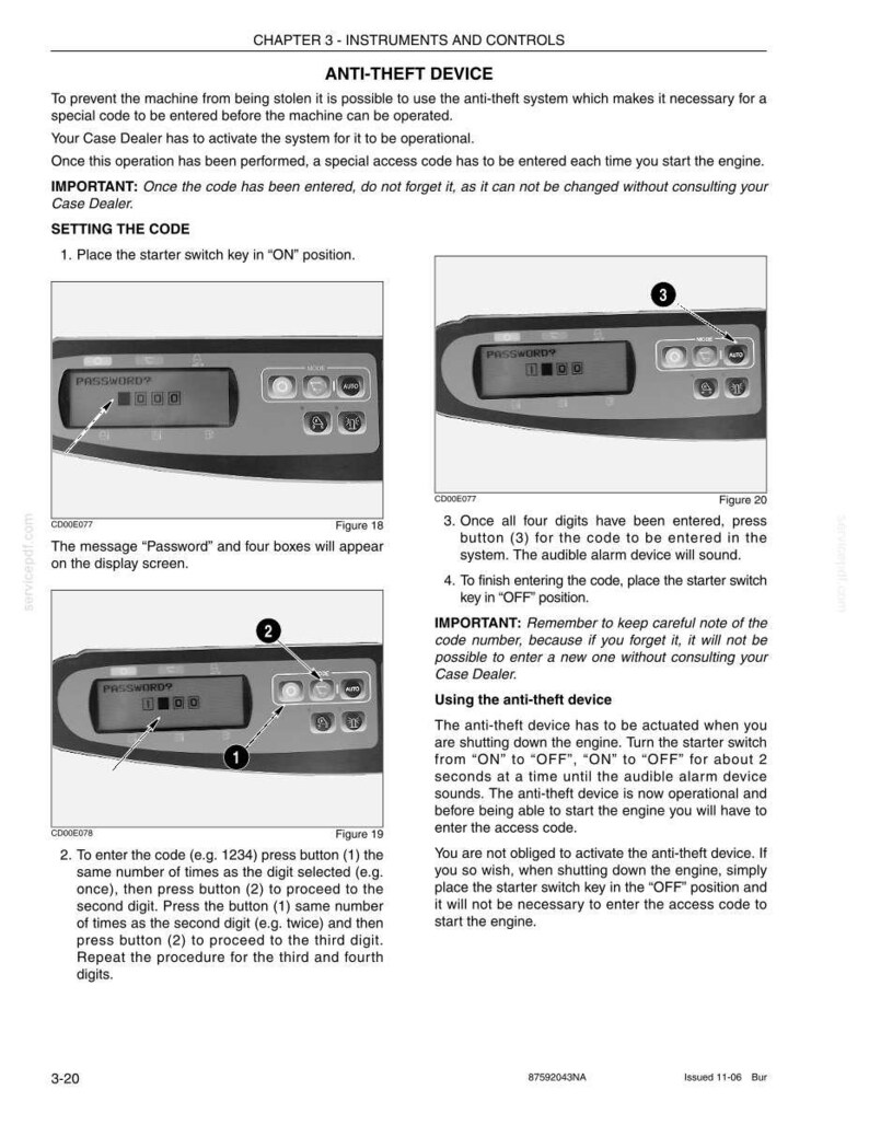 May include: Diagram of an anti-theft device with instructions. The device has a display showing "PASSWORD" and numbered buttons. The text explains how to set and use the device, including entering a code.