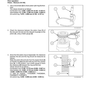 May include: Diagram illustrating piston ring measurements for engine maintenance. Includes measurements in inches for combustion, intermediate, and oil control rings. Features diagrams of piston components and instructions for using a micrometer and feeler gauge.