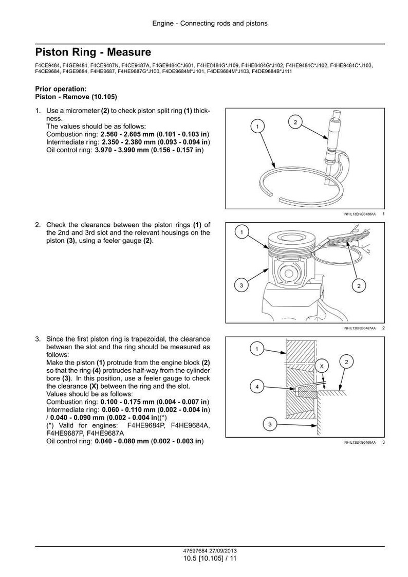 May include: Diagram illustrating piston ring measurements for engine maintenance. Includes measurements in inches for combustion, intermediate, and oil control rings. Features diagrams of piston components and instructions for using a micrometer and feeler gauge.