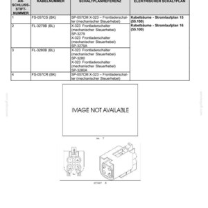 May include: A technical document page titled Elektrische Anlagen - Kabelb&auml;ume und Steckverbinder, featuring a table for Steckverbinder X-323 - Frontladerschalter. It includes connection pin numbers, cable numbers, and schematic references, with a line drawing of a connector.