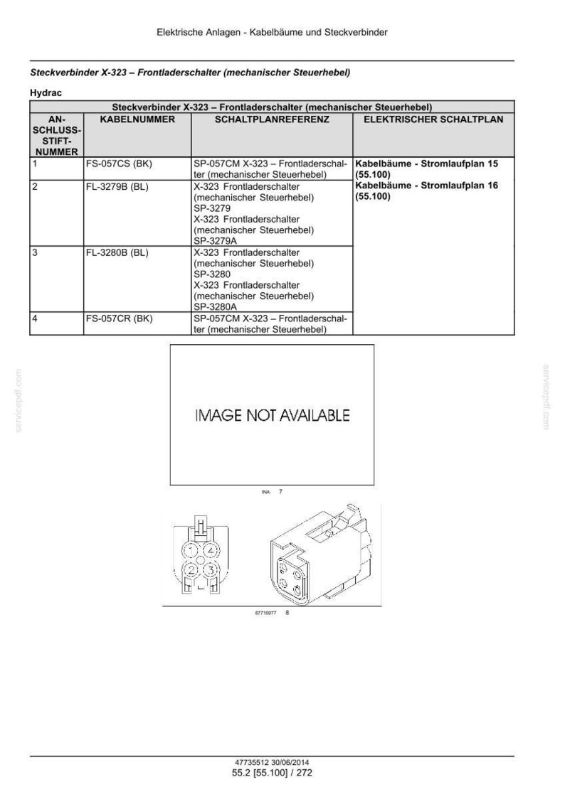 May include: A technical document page titled Elektrische Anlagen - Kabelb&auml;ume und Steckverbinder, featuring a table for Steckverbinder X-323 - Frontladerschalter. It includes connection pin numbers, cable numbers, and schematic references, with a line drawing of a connector.