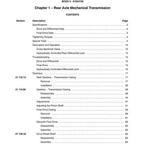 May include: A page from a manual titled "SECTION 27 - REAR AXLE MECHANICAL TRANSMISSION." The table of contents lists topics such as "Specifications," "Final Drive Data," and "Gearbox - Transmission Casing." The book number is 87054729.