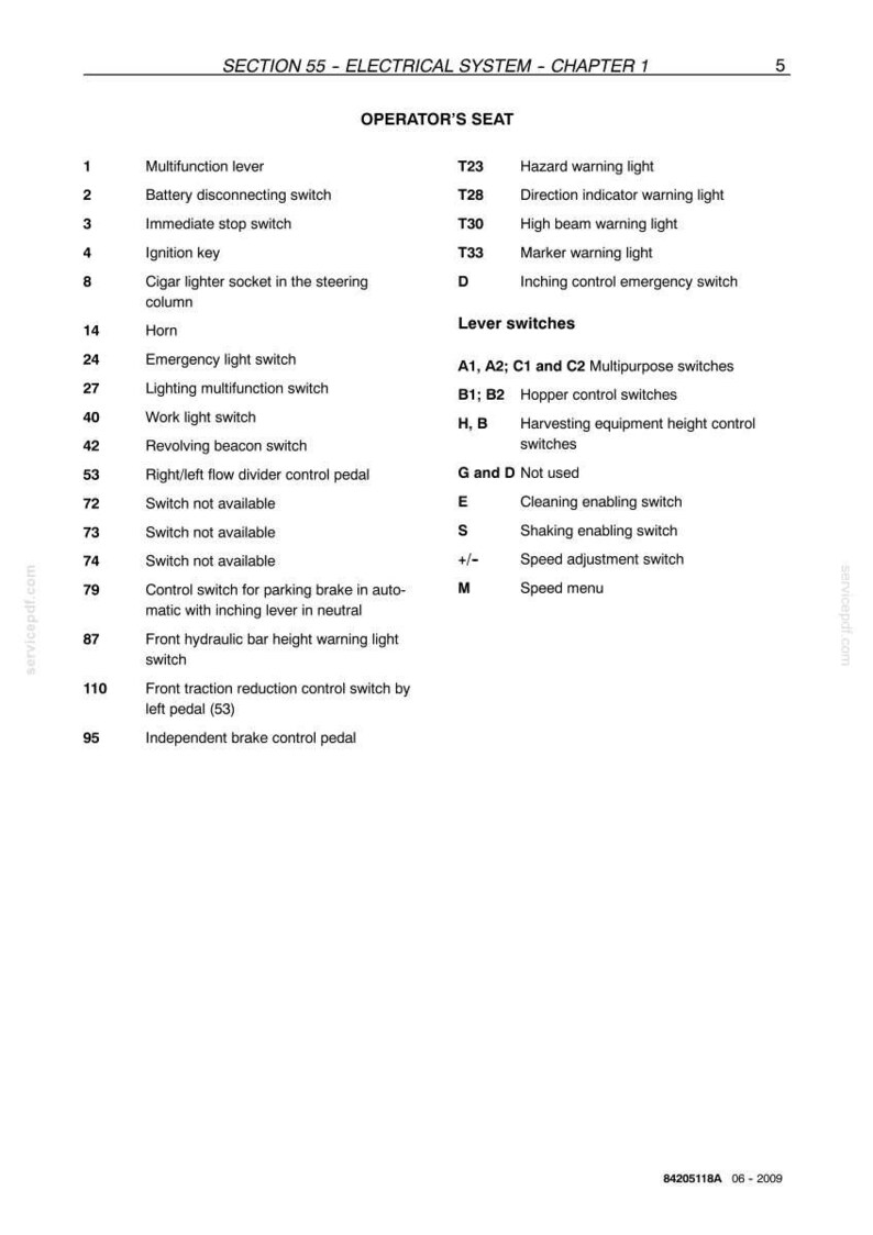 May include: A page from a manual detailing the electrical system of a vehicle. The text lists various switches, lights, and controls, including hazard warning lights, ignition keys, and emergency light switches.