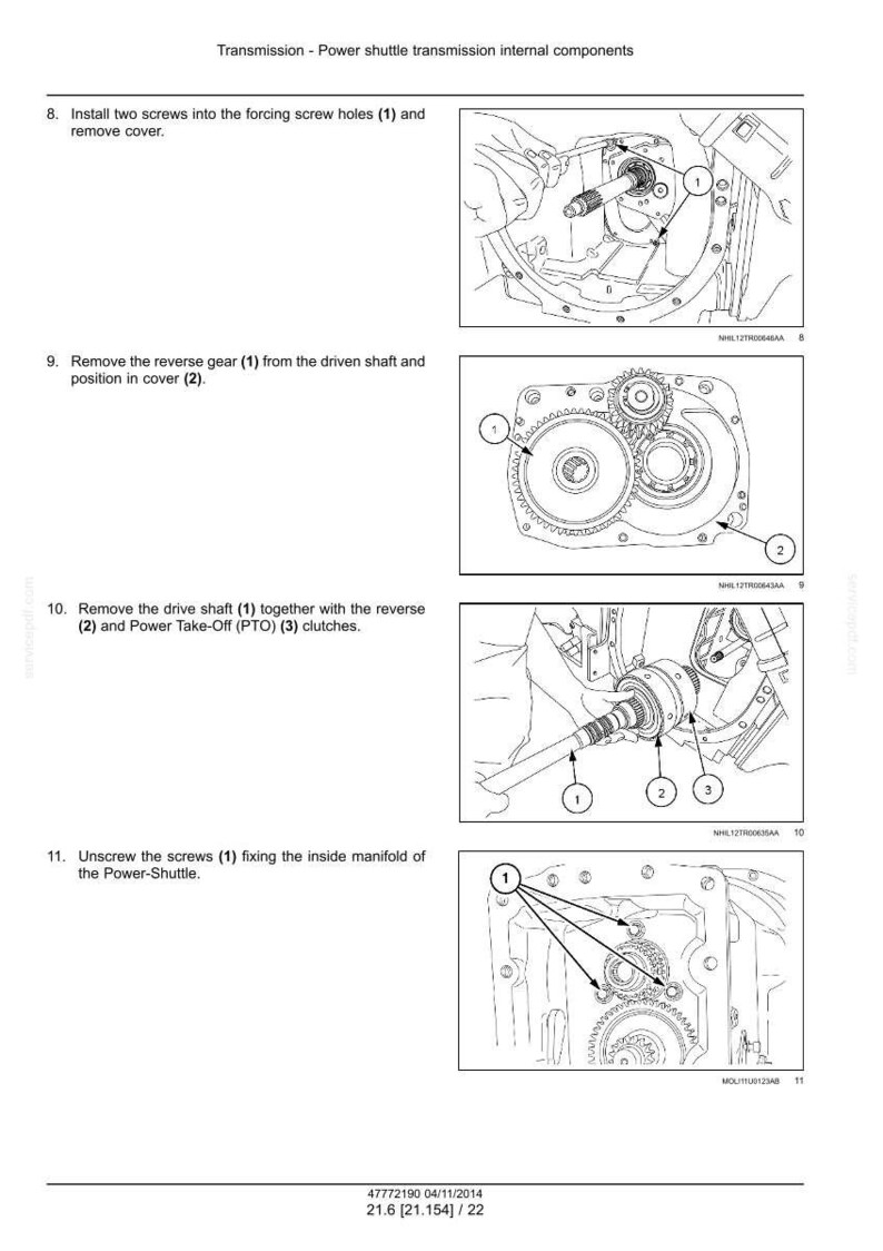 May include: A technical manual page titled Transmission - Power shuttle transmission internal components. It features four black and white line drawings illustrating mechanical disassembly steps, labeled 8 through 11, with numbered parts and arrows.