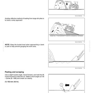 May include: A technical manual page titled 5-WORKING OPERATIONS featuring four black and white line drawings of a loader machine. The diagrams illustrate techniques for breaking down dirt piles, building a ramp, and peeling or scraping ground surfaces.