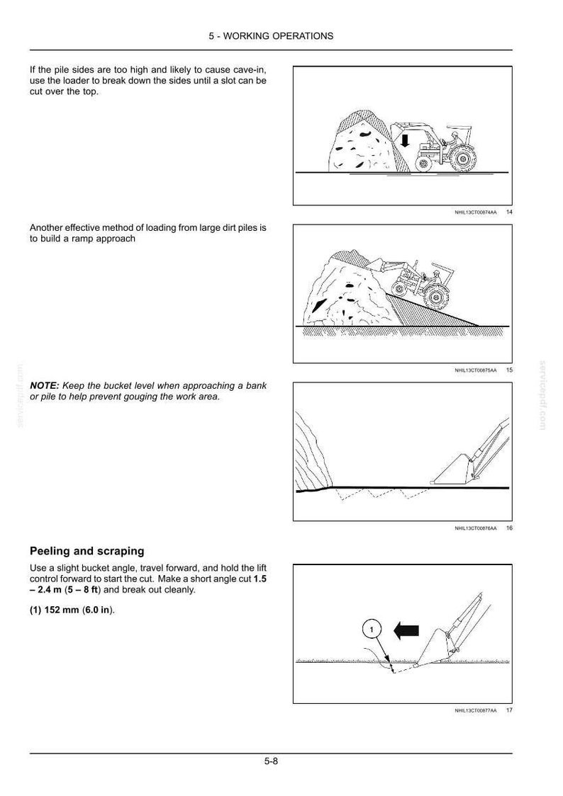 May include: A technical manual page titled 5-WORKING OPERATIONS featuring four black and white line drawings of a loader machine. The diagrams illustrate techniques for breaking down dirt piles, building a ramp, and peeling or scraping ground surfaces.
