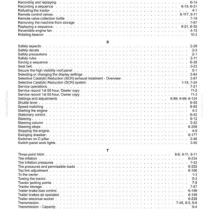 May include: A black and white printed index page from a technical manual, featuring alphabetical entries starting with R, S, and T. The text lists various tractor components and operational procedures, each followed by corresponding page numbers.
