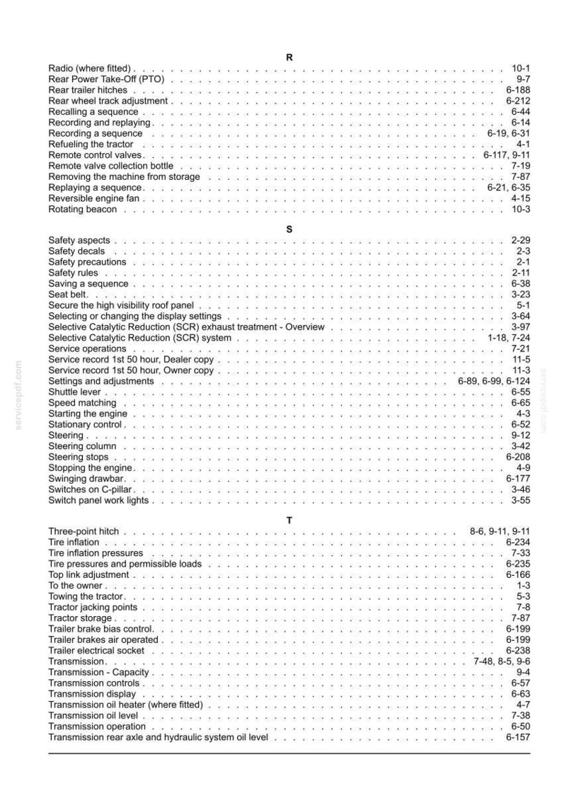 May include: A black and white printed index page from a technical manual, featuring alphabetical entries starting with R, S, and T. The text lists various tractor components and operational procedures, each followed by corresponding page numbers.