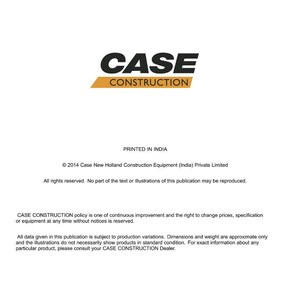 Puede incluir: Documento blanco con el texto negro "CASE CONSTRUCTION" sobre una pancarta amarilla. El documento incluye el texto "IMPRESO EN LA INDIA" e informaci&oacute;n de copyright para Case New Holland.