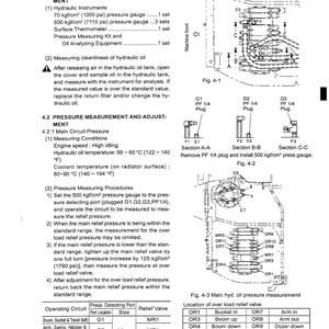 May include: A technical diagram from a manual detailing hydraulic oil pressure measurement. The image includes diagrams of pressure gauges, plugs, and a table of operating circuits and relief valves. Text includes temperature and pressure specifications.