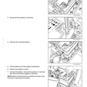 Puede incluir: Diagrama de los pasos de mantenimiento de la bater&iacute;a del coche. Incluye im&aacute;genes de la desconexi&oacute;n de los terminales, la extracci&oacute;n del soporte de montaje y la elevaci&oacute;n de la bater&iacute;a. El texto incluye instrucciones y notas de seguridad.