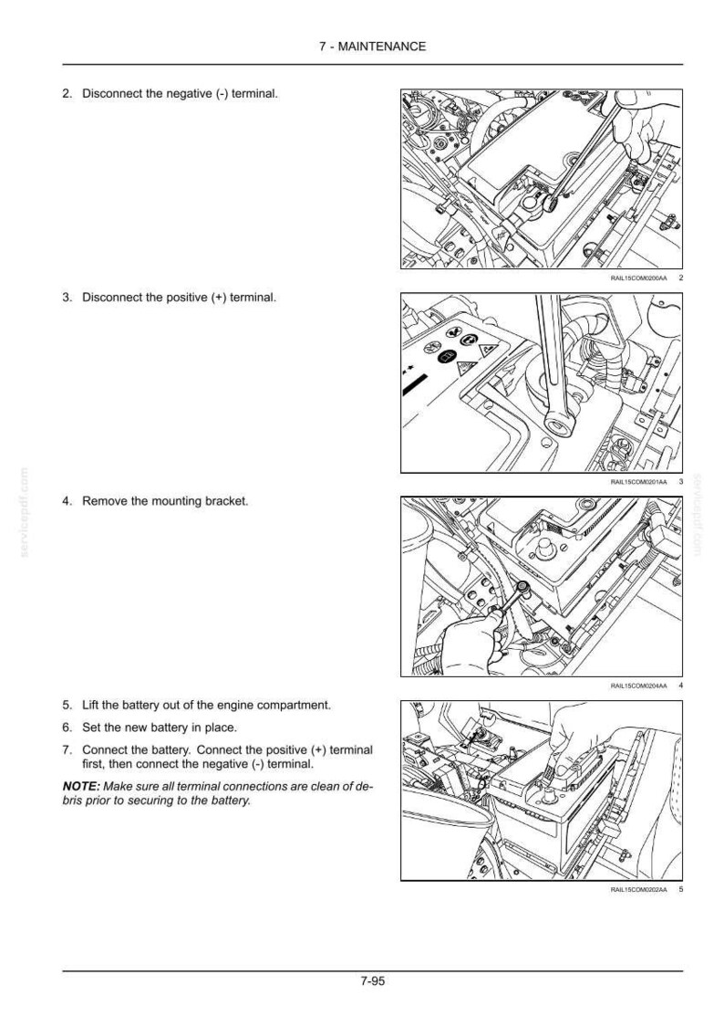 Puede incluir: Diagrama de los pasos de mantenimiento de la bater&iacute;a del coche. Incluye im&aacute;genes de la desconexi&oacute;n de los terminales, la extracci&oacute;n del soporte de montaje y la elevaci&oacute;n de la bater&iacute;a. El texto incluye instrucciones y notas de seguridad.