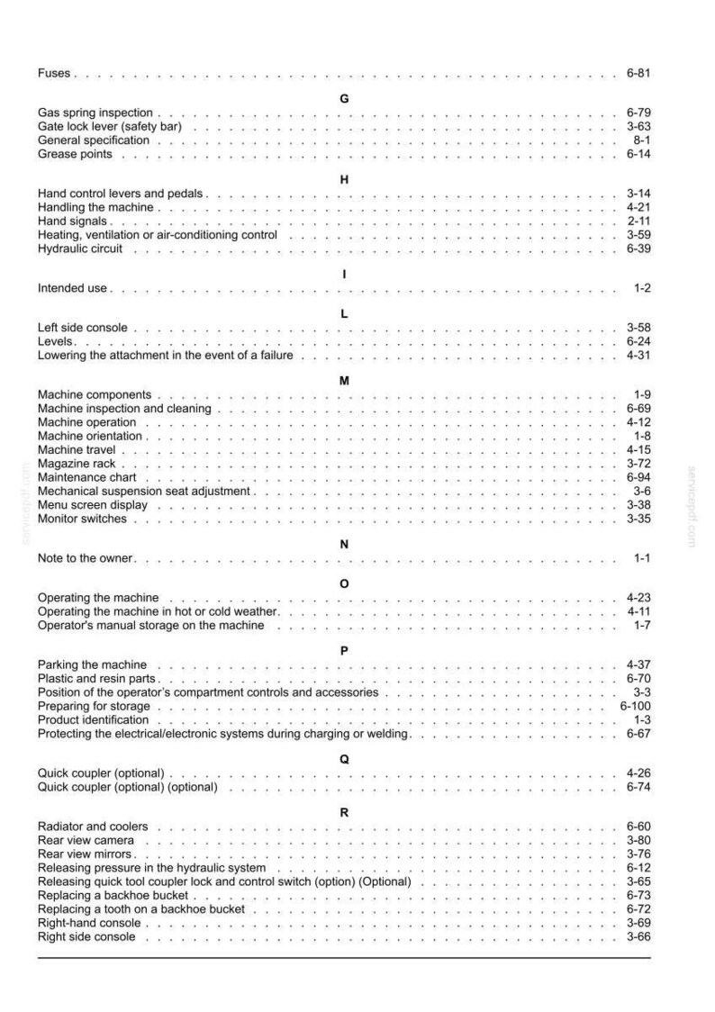 May include: A page from a manual with a table of contents. The text includes sections on machine components, operation, and maintenance, with page numbers listed to the right.
