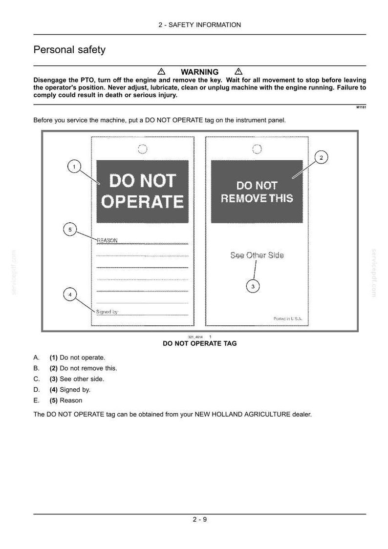May include: A black and white safety tag diagram labeled DO NOT OPERATE and DO NOT REMOVE THIS. The tag features numbered sections for Reason, Signed by, and See Other Side, with instructional text regarding machine maintenance and safety protocols.