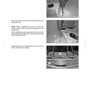 May include: A grayscale service manual page with instructions and diagrams for mechanical work. The page includes text instructions and images showing the removal and reinstallation of parts, including bolts and covers. The manual is for a specific model, as indicated by the code.