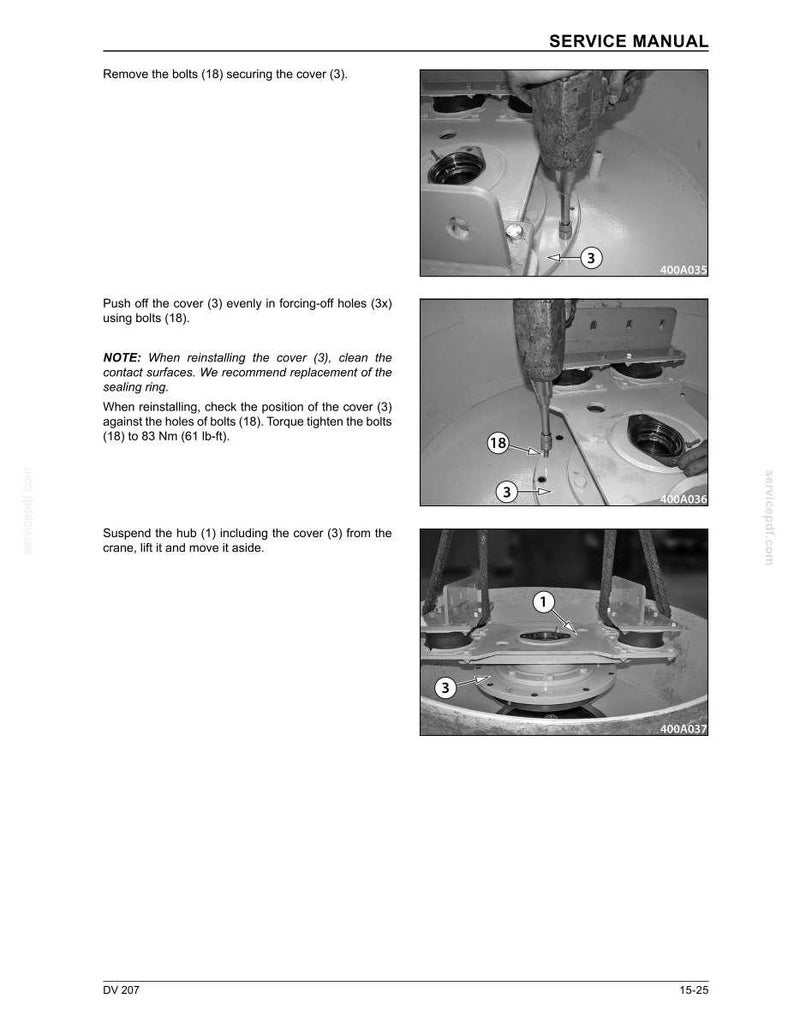 May include: A grayscale service manual page with instructions and diagrams for mechanical work. The page includes text instructions and images showing the removal and reinstallation of parts, including bolts and covers. The manual is for a specific model, as indicated by the code.