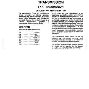 May include: A page from a manual detailing a 4x4 transmission. The text includes descriptions of the transmission components, gear ratios, and operational features. The page is white with black text and diagrams.