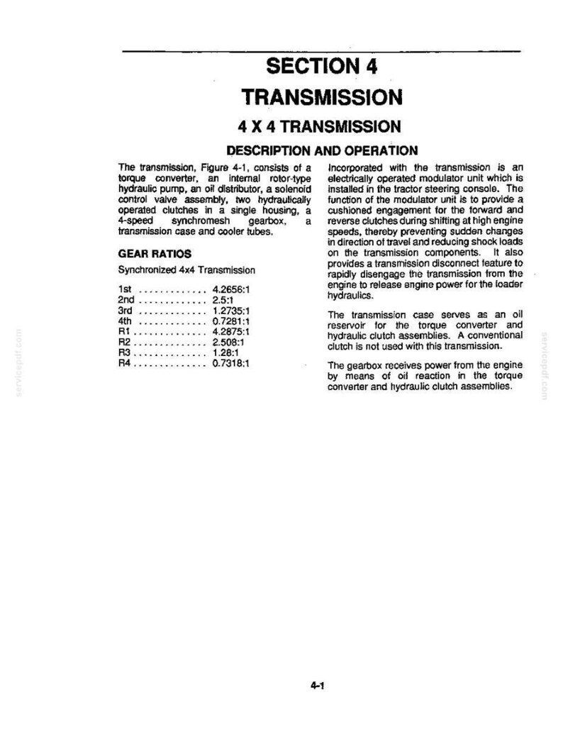 May include: A page from a manual detailing a 4x4 transmission. The text includes descriptions of the transmission components, gear ratios, and operational features. The page is white with black text and diagrams.