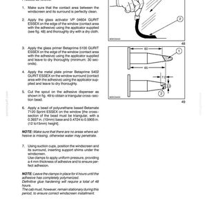 May include: Diagram of a window re-fitting procedure. Instructions include applying glass activator and primer, cutting a spout, and applying adhesive. Measurements are in inches. The text includes the model number 9002-17 and edition 3-2002.