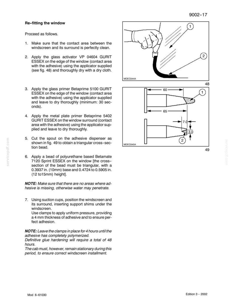 May include: Diagram of a window re-fitting procedure. Instructions include applying glass activator and primer, cutting a spout, and applying adhesive. Measurements are in inches. The text includes the model number 9002-17 and edition 3-2002.
