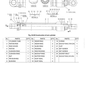 May include: A technical engineering diagram titled 24. COMPONENTS SYSTEM showing the construction of an arm cylinder. The image includes a detailed cross-section drawing, labeled views A and B, detail views a and b, and a parts list table.