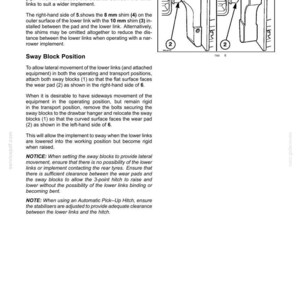 May include: A technical manual page titled 6-WORKING OPERATIONS detailing Shim/Wear Pad Position and Sway Block Position. It includes two diagrams labeled 5 and 6, showing mechanical components with numbered parts and instructional text.