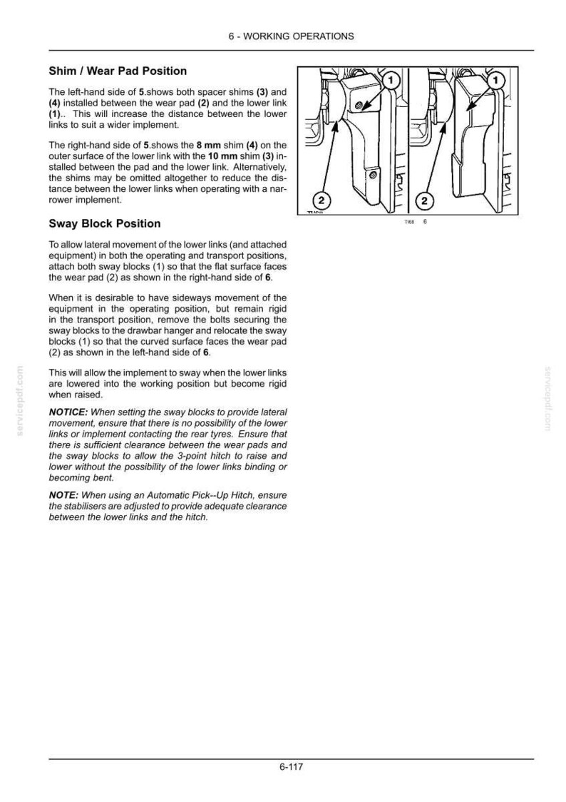 May include: A technical manual page titled 6-WORKING OPERATIONS detailing Shim/Wear Pad Position and Sway Block Position. It includes two diagrams labeled 5 and 6, showing mechanical components with numbered parts and instructional text.