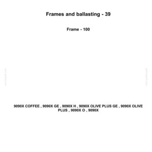 May include: Image of a document with the New Holland Agriculture logo. The text reads "Frames and ballasting - 39" and "Frame - 100". Below, a list of product codes is displayed, including "9090X COFFEE" and "9090X GE".