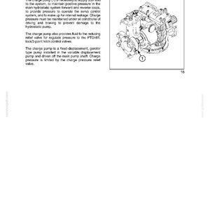 May include: Diagram of a charge pump, a mechanical component, with the number 1 circled. The text reads "SECTION 21 - TRANSMISSIONS - CHAPTER 1" and describes the pump's function in a hydrostatic system.