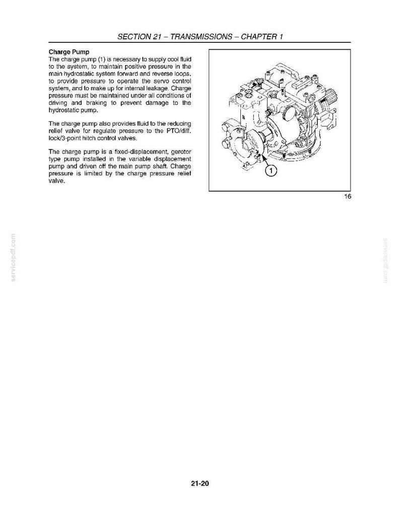 May include: Diagram of a charge pump, a mechanical component, with the number 1 circled. The text reads "SECTION 21 - TRANSMISSIONS - CHAPTER 1" and describes the pump's function in a hydrostatic system.