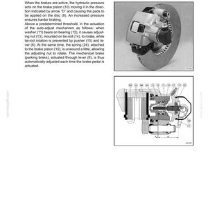 Puede incluir: Diagrama de un conjunto de pinza de freno y rotor, con ilustraciones detalladas de los componentes internos. La imagen incluye texto que describe el funcionamiento del sistema de frenado, incluyendo el pist&oacute;n de freno, el disco y el mecanismo de autoajuste.