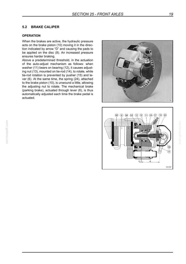 Puede incluir: Diagrama de un conjunto de pinza de freno y rotor, con ilustraciones detalladas de los componentes internos. La imagen incluye texto que describe el funcionamiento del sistema de frenado, incluyendo el pist&oacute;n de freno, el disco y el mecanismo de autoajuste.