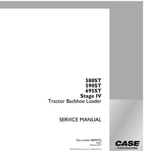 May include: A white service manual for a tractor backhoe loader. The manual includes the text "580ST, 590ST, 695ST, Stage IV, Tractor Backhoe Loader, SERVICE MANUAL". The Case Construction logo is in the lower right corner.