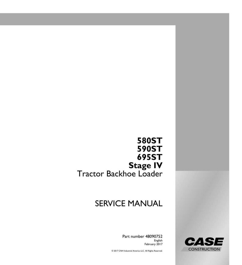 May include: A white service manual for a tractor backhoe loader. The manual includes the text "580ST, 590ST, 695ST, Stage IV, Tractor Backhoe Loader, SERVICE MANUAL". The Case Construction logo is in the lower right corner.