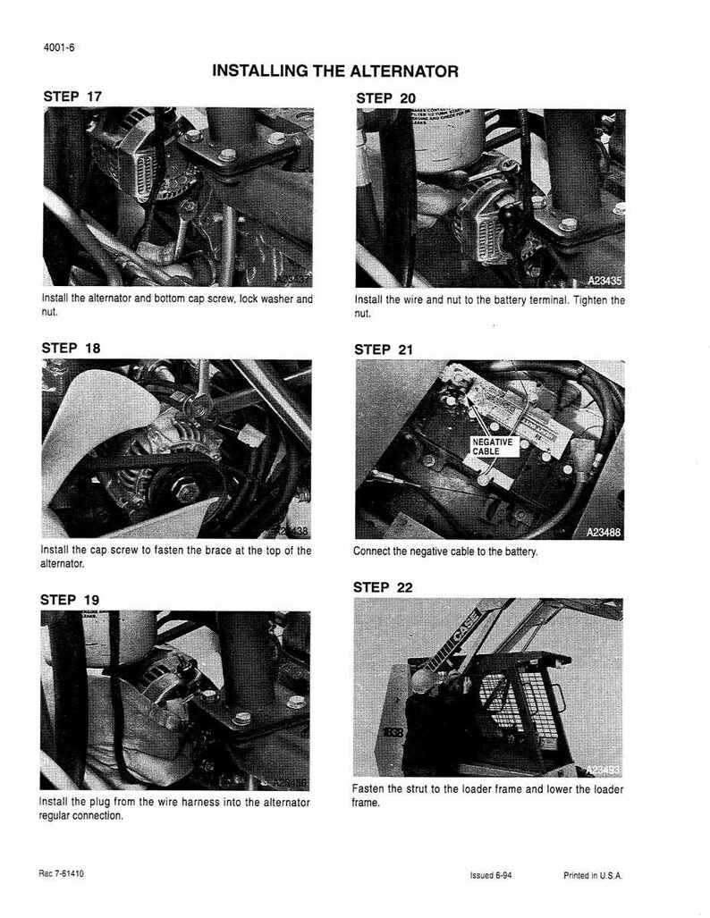 May include: Black and white diagram illustrating the steps for installing an alternator. The image includes close-up views of the alternator and related components, with text instructions for each step. The diagram is labeled with steps 17 through 22.