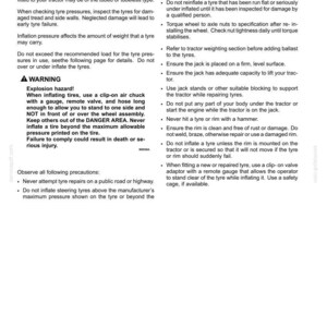 May include: A technical document page titled 6-WORKING OPERATIONS containing safety instructions for tractor tire inflation. The text outlines procedures for checking air pressure, avoiding explosion hazards, and using proper equipment for maintenance.