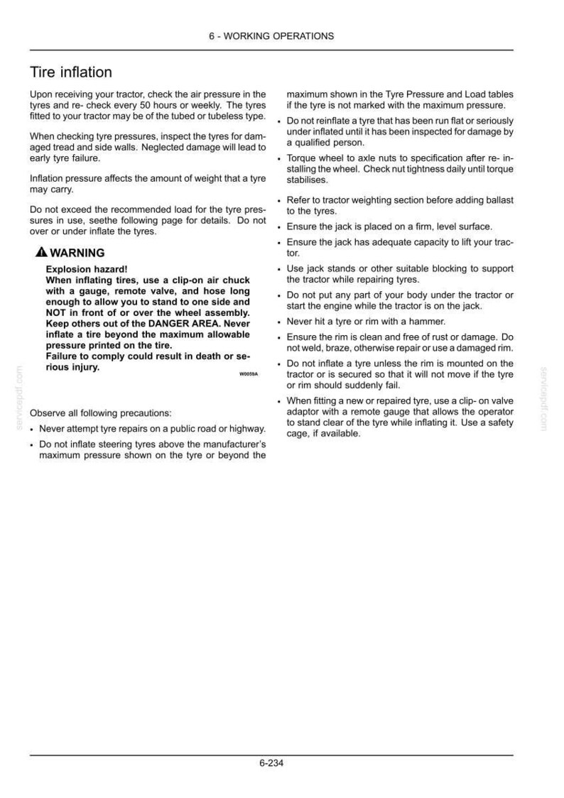 May include: A technical document page titled 6-WORKING OPERATIONS containing safety instructions for tractor tire inflation. The text outlines procedures for checking air pressure, avoiding explosion hazards, and using proper equipment for maintenance.