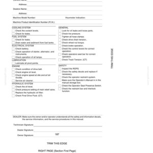 May include: A black and white document titled "AFTER DELIVERY CHECK" with a checklist for machine maintenance after the first 100 hours of operation. Includes sections for cooling, fuel, electrical, lubrication, engine, and hydraulic systems.