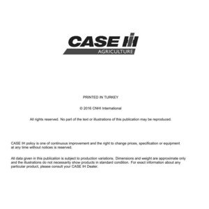May include: A white document with the "CASE IH AGRICULTURE" logo in black and red. The document includes text about technical publications and tools, copyright information, and a disclaimer. The document is printed in Turkey.