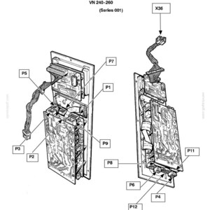 May include: Diagram of an electrical system component, featuring circuit boards, connectors, and wiring. The image includes labels such as P1, P2, P3, P4, P5, P6, P7, P8, P9, P11, P12, and X36, with the text "VN 240-260" and "Section 55 - Electrical System - Chapter 1".