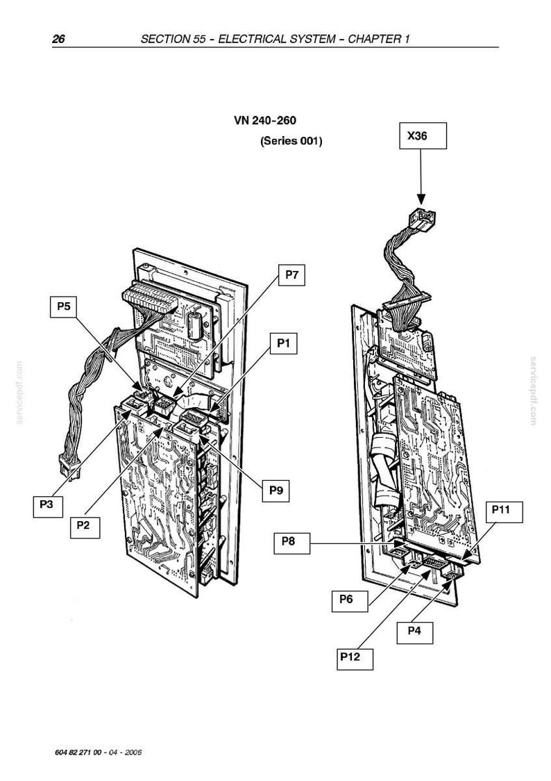 May include: Diagram of an electrical system component, featuring circuit boards, connectors, and wiring. The image includes labels such as P1, P2, P3, P4, P5, P6, P7, P8, P9, P11, P12, and X36, with the text "VN 240-260" and "Section 55 - Electrical System - Chapter 1".