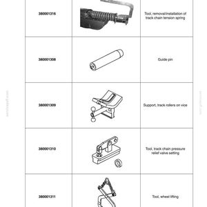 May include: A page from a manual detailing special tools for undercarriage maintenance. The image shows various tools, including a track chain tension spring tool, guide pin, support for track rollers, and a wheel lifting tool. Text includes "SAFETY PRECAUTIONS".