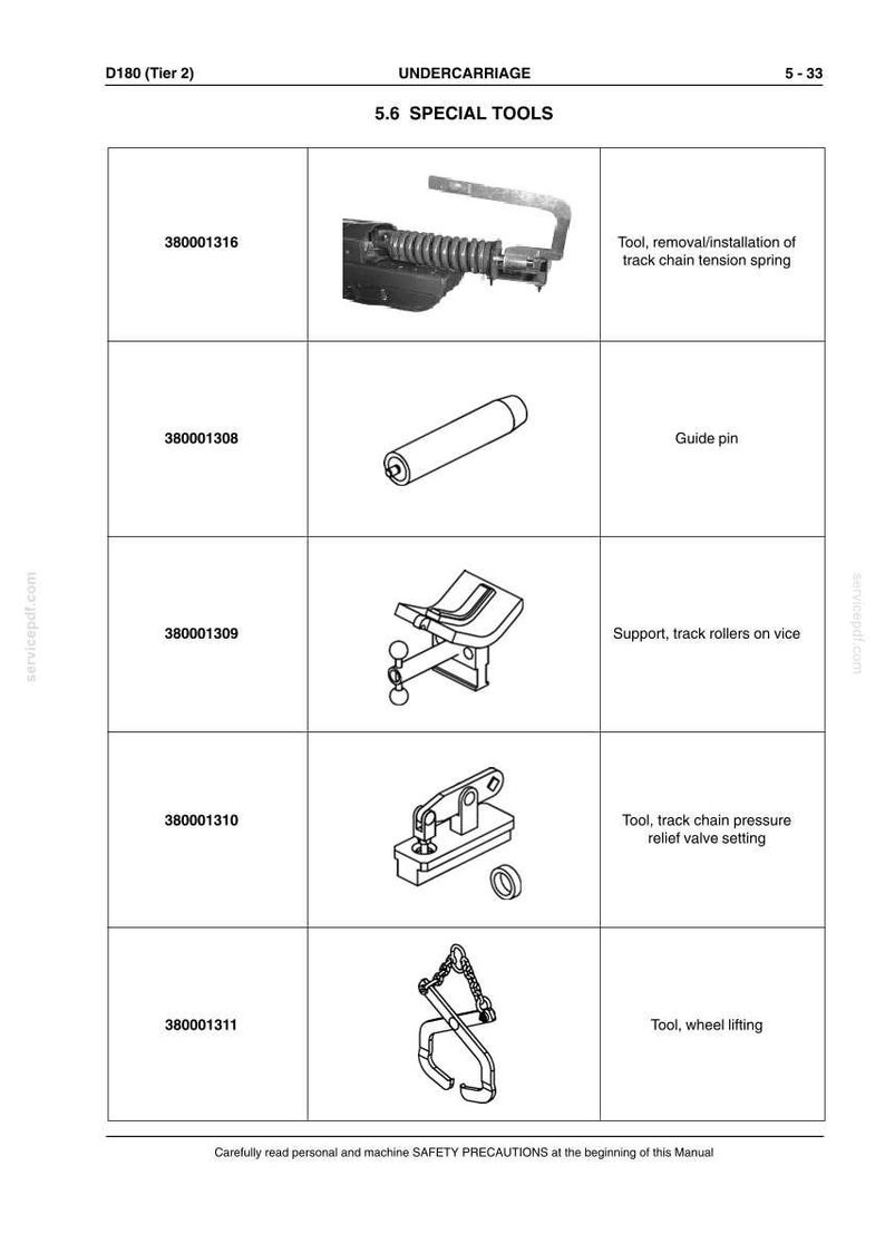 May include: A page from a manual detailing special tools for undercarriage maintenance. The image shows various tools, including a track chain tension spring tool, guide pin, support for track rollers, and a wheel lifting tool. Text includes "SAFETY PRECAUTIONS".