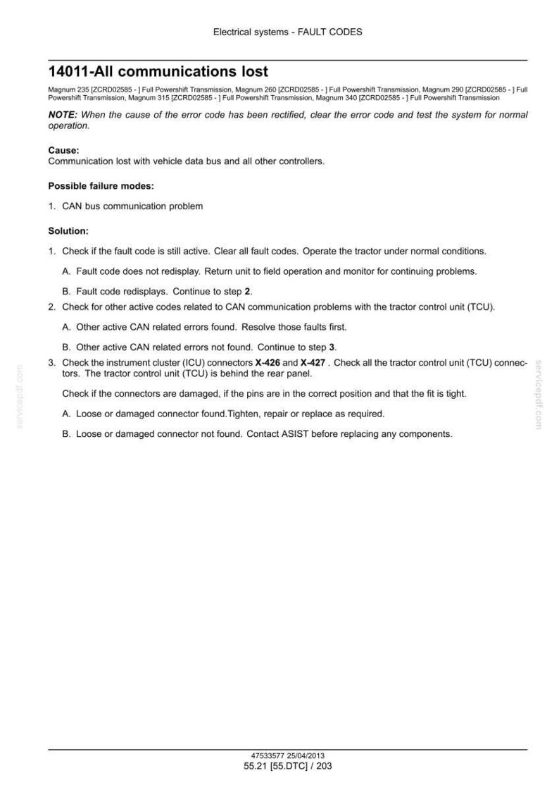 Op de afbeelding: Een technisch document met foutcodes voor elektrische systemen, specifiek voor "14011-Alle communicatie verloren". Het biedt stappen voor probleemoplossing, inclusief het controleren van connectoren X-426 en X-427, en behandelt CAN-bus communicatieproblemen.